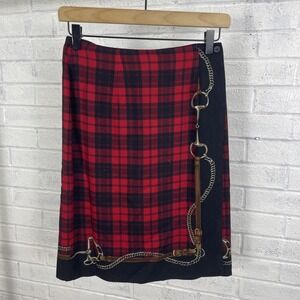 VTG Talbots Wool Blend Equestrian Wrap Skirt Womens‎ 4 Red Plaid Horse Bridle